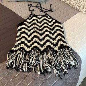 Black & White Chevron Crochet Fringe Halter Tank Top